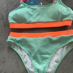 Rib Neon Color Block Scoop Neck & Hipster Bikini Set